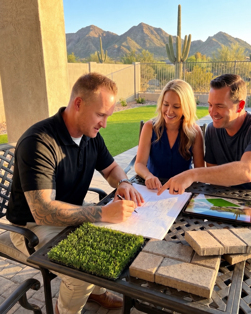 Green Forever Arizona rep going over a homeowner's backyard design with them