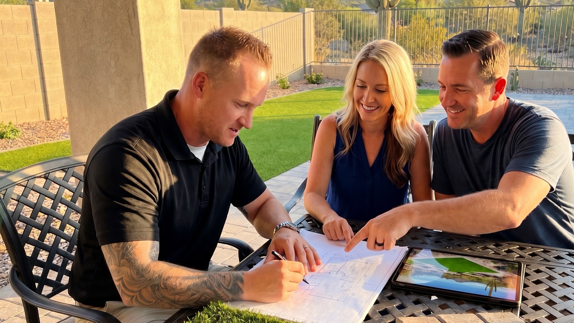 Green Forever Arizona rep going over a homeowner's backyard design with them