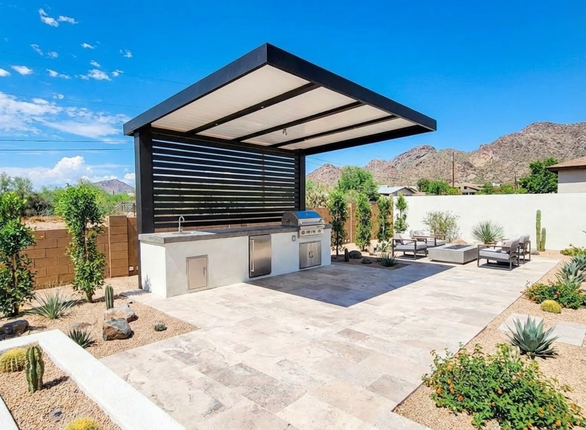 Patio cover and outdoor living install on an Arizona home by Green Forever Arizona