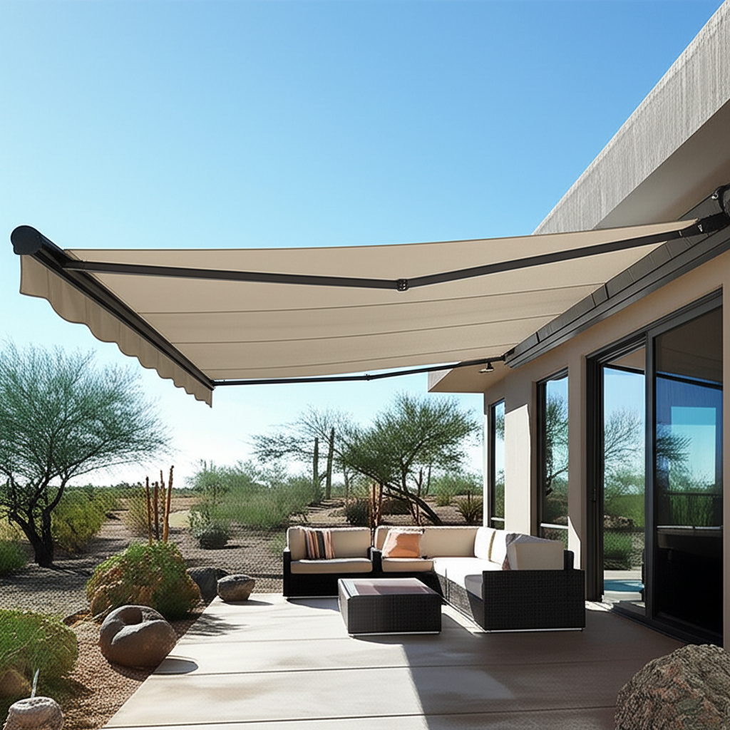 Retractable awning extended over patio