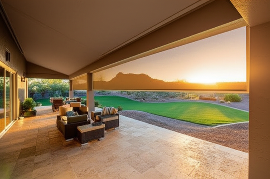 Motorized descending shade on patio cover