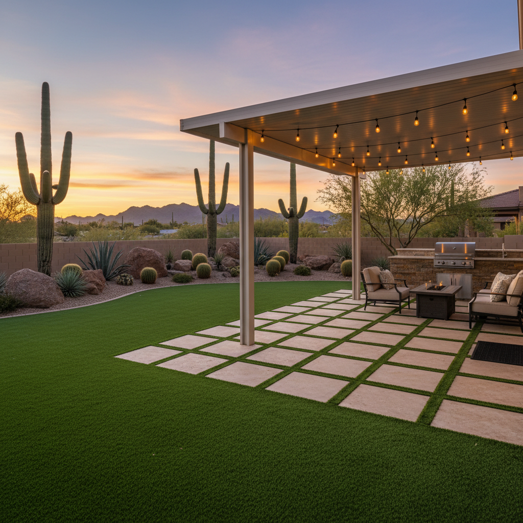 Luxury Arizona backyard with turf, pavers, and patio cover at sunset